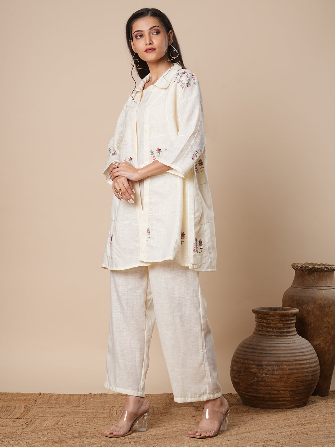 Solid Floral Embroidered A-Line Jacket with Crop Top & Palazzo - Off White