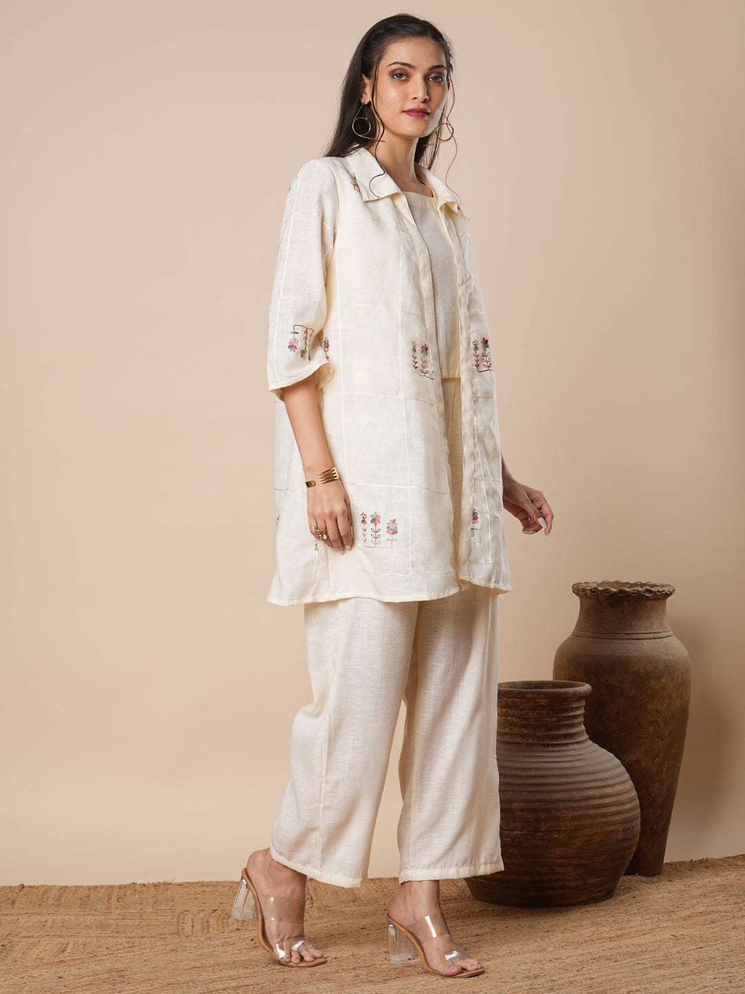 Solid Floral Embroidered A-Line Jacket with Crop Top & Palazzo - Off White