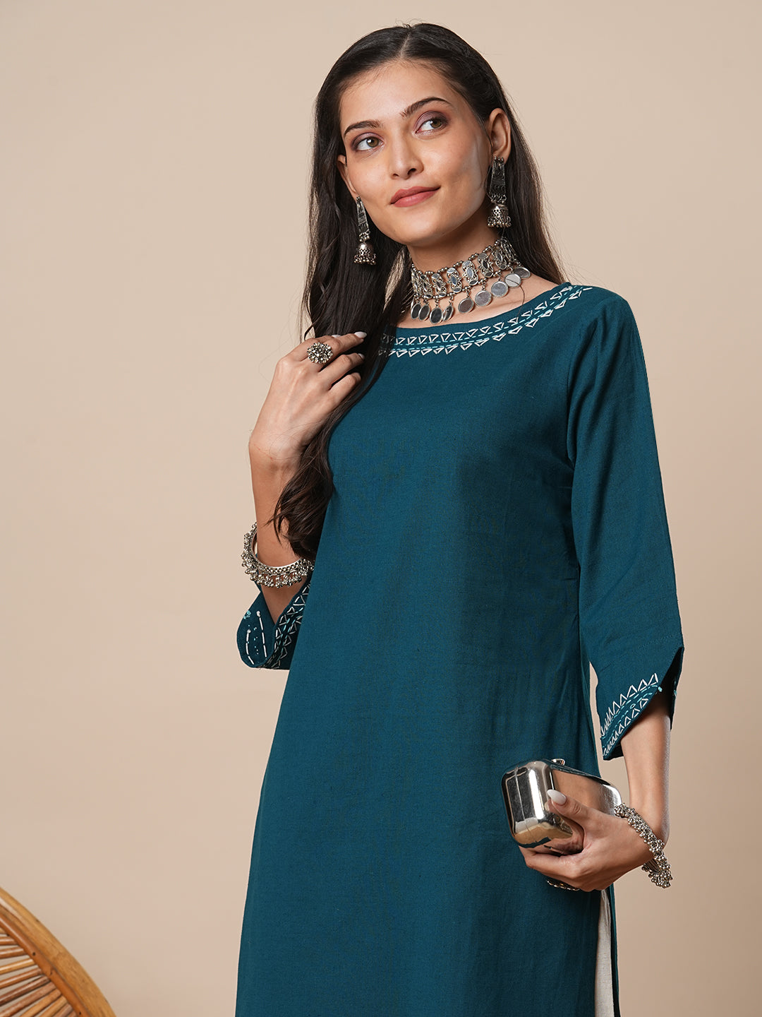 Solid Thread Embroidered Straight Fit Kurta with Palazzo - Teal Blue