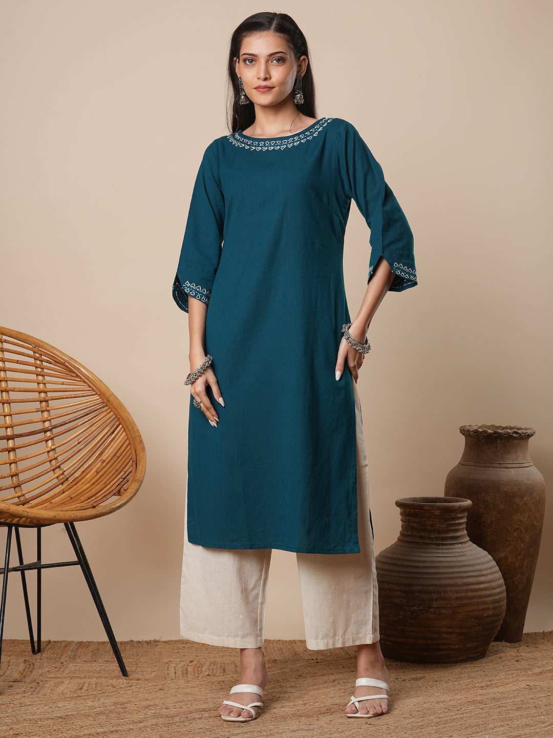 Solid Thread Embroidered Straight Fit Kurta with Palazzo - Teal Blue