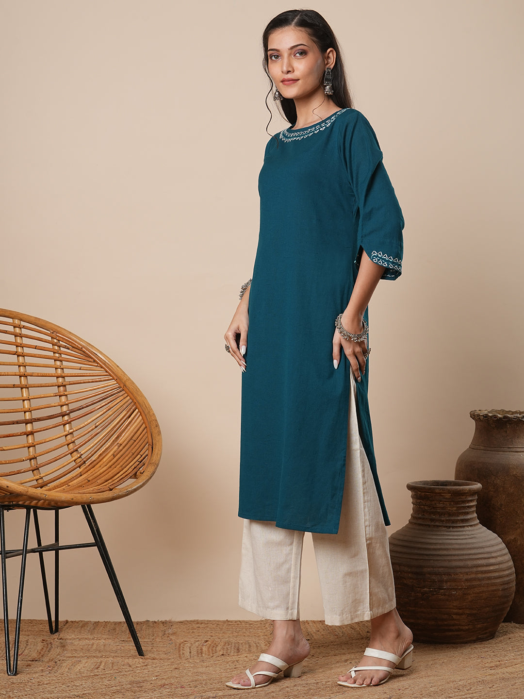 Solid Thread Embroidered Straight Fit Kurta with Palazzo - Teal Blue