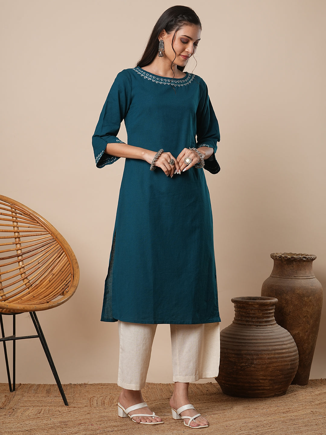 Solid Thread Embroidered Straight Fit Kurta with Palazzo - Teal Blue