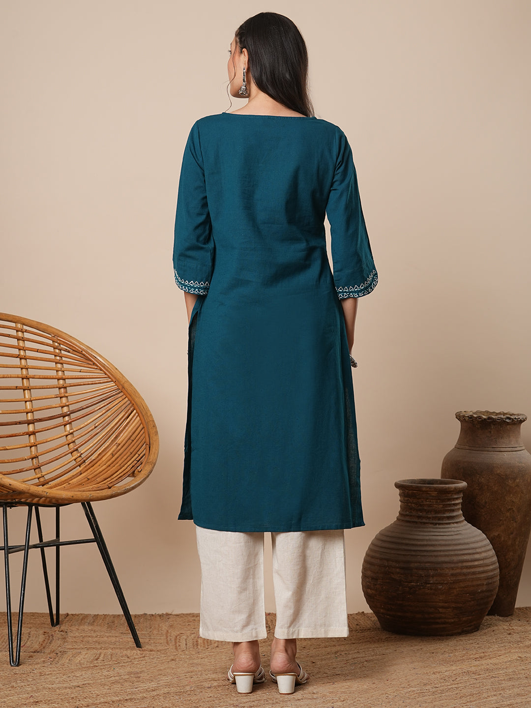 Solid Thread Embroidered Straight Fit Kurta with Palazzo - Teal Blue