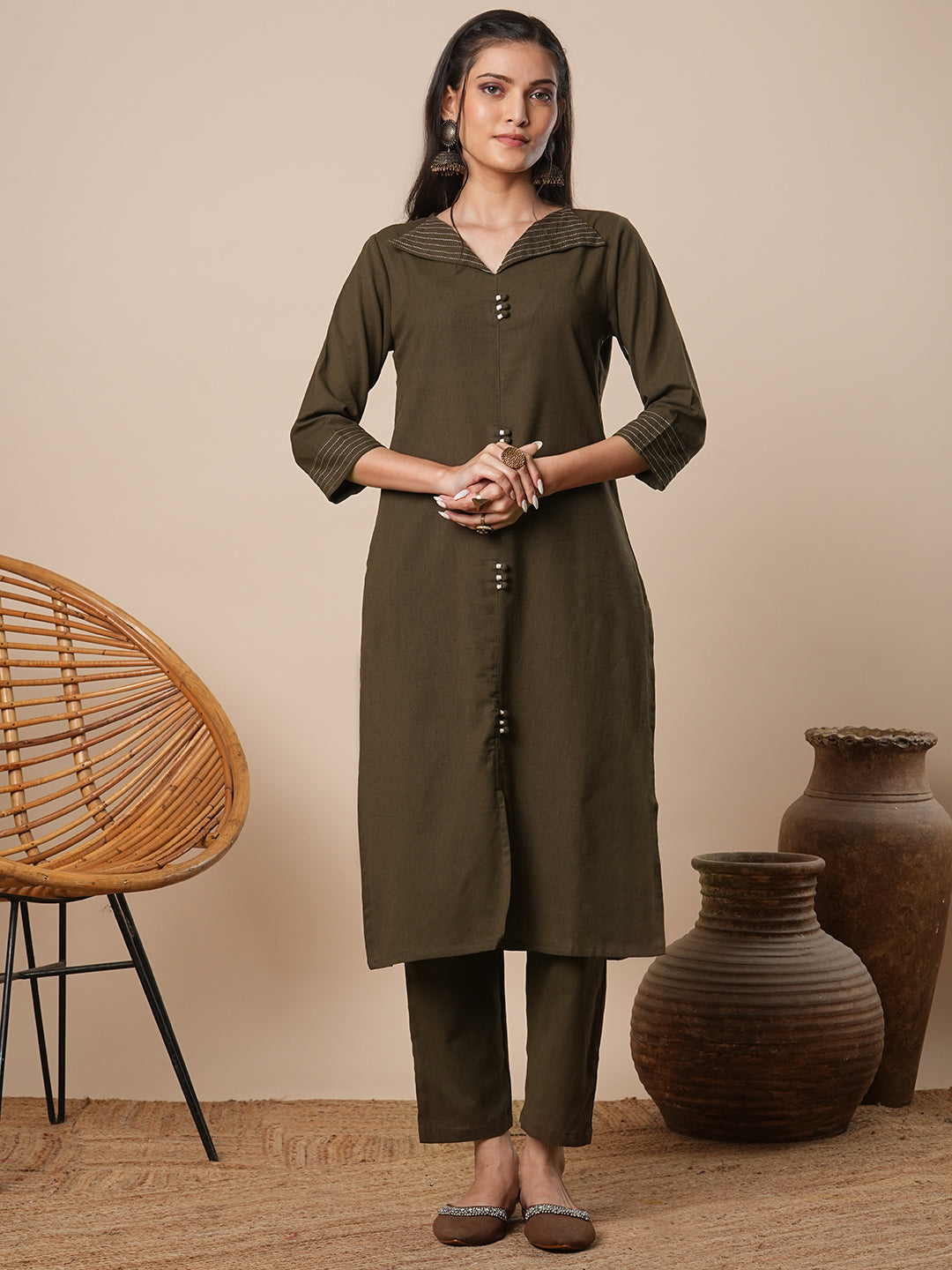 Solid Straight Fit Cotton Flax Co-ord Set - Brown