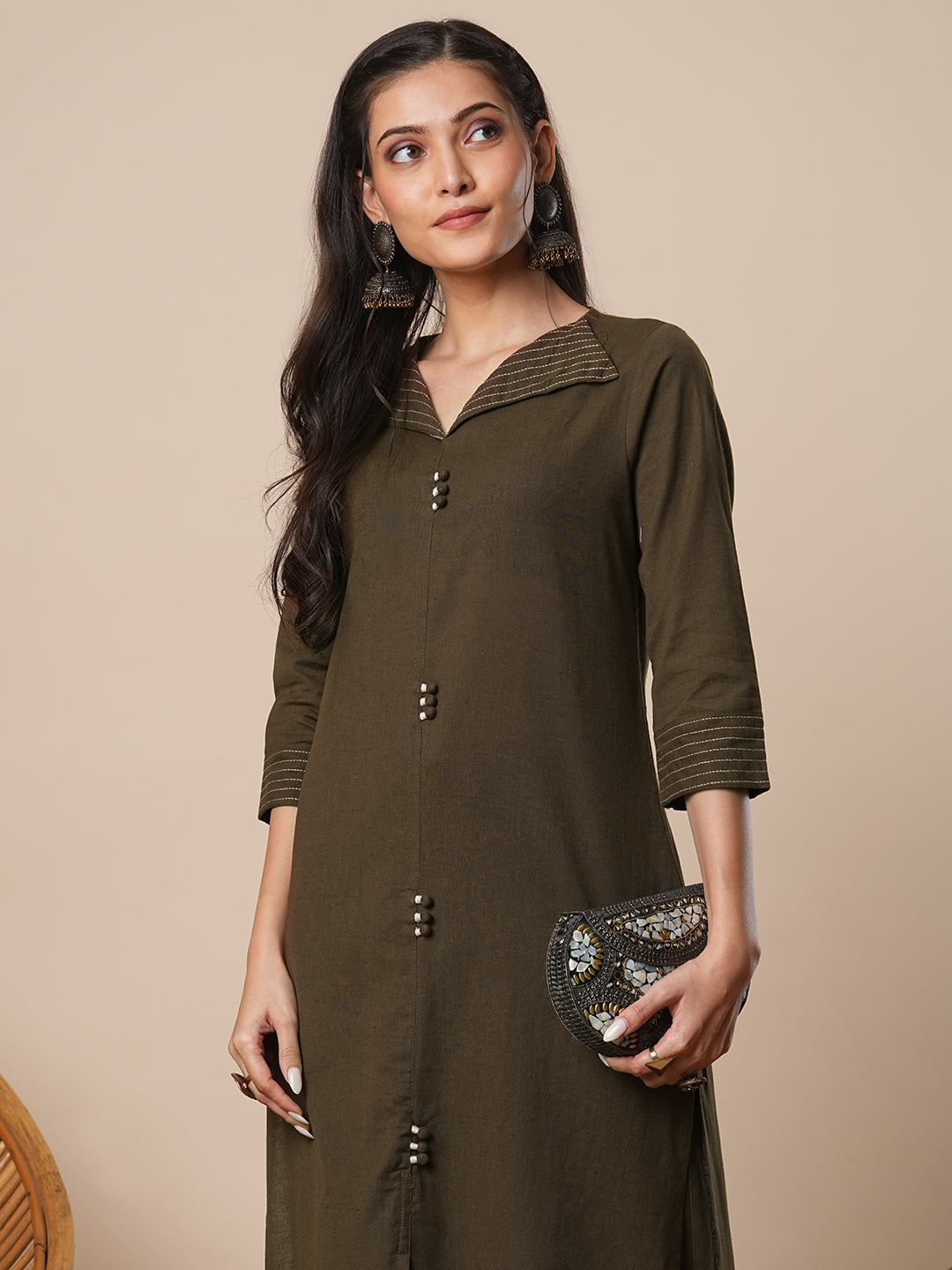 Solid Straight Fit Cotton Flax Co-ord Set - Brown