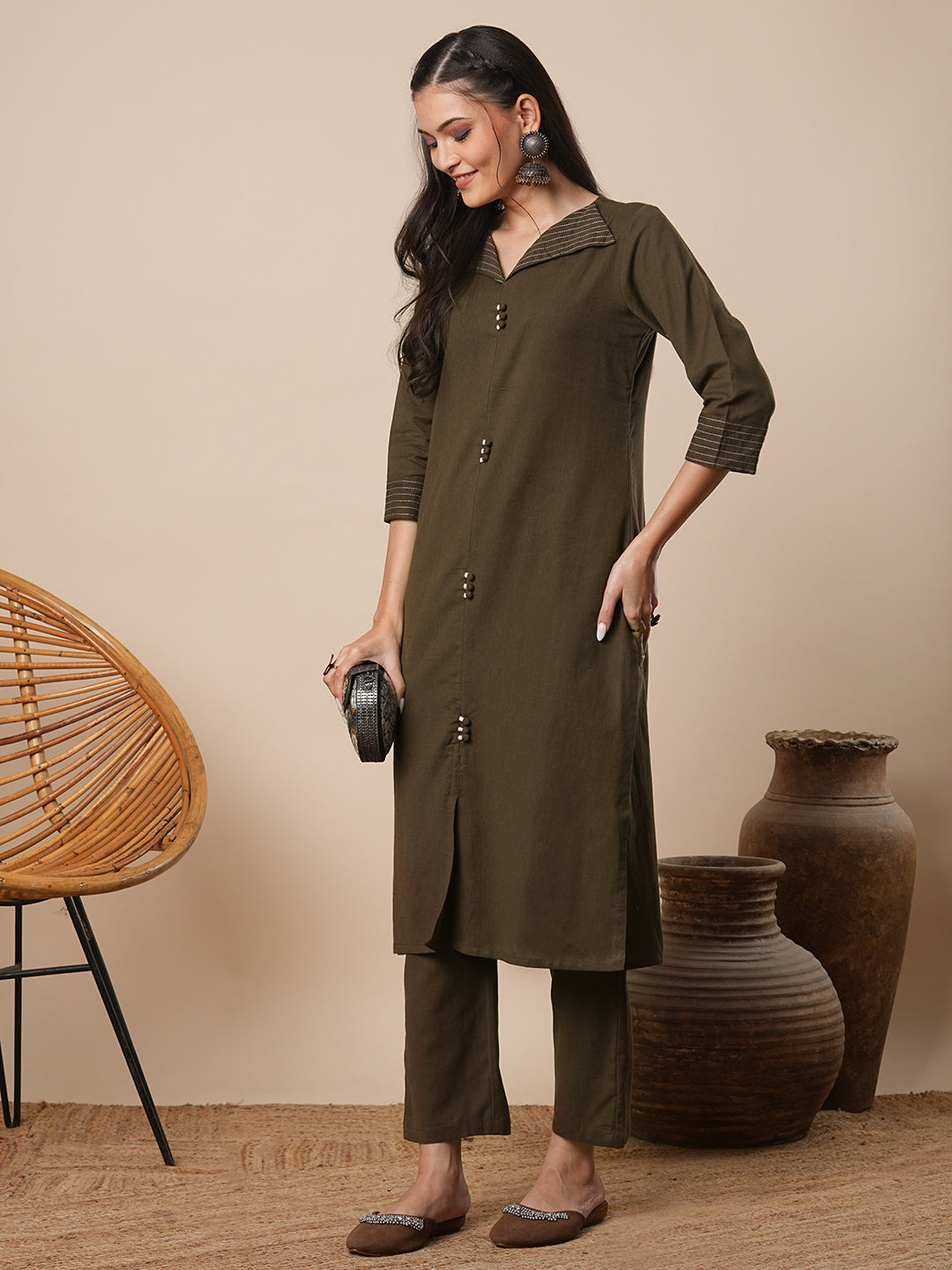 Solid Straight Fit Cotton Flax Co-ord Set - Brown