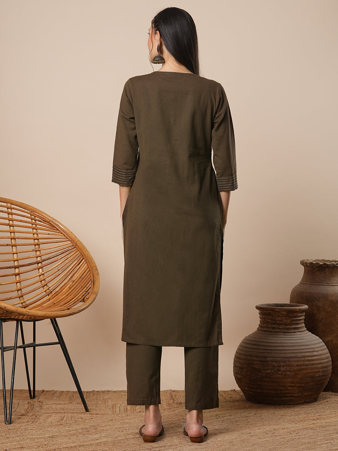 Solid Straight Fit Cotton Flax Co-ord Set - Brown