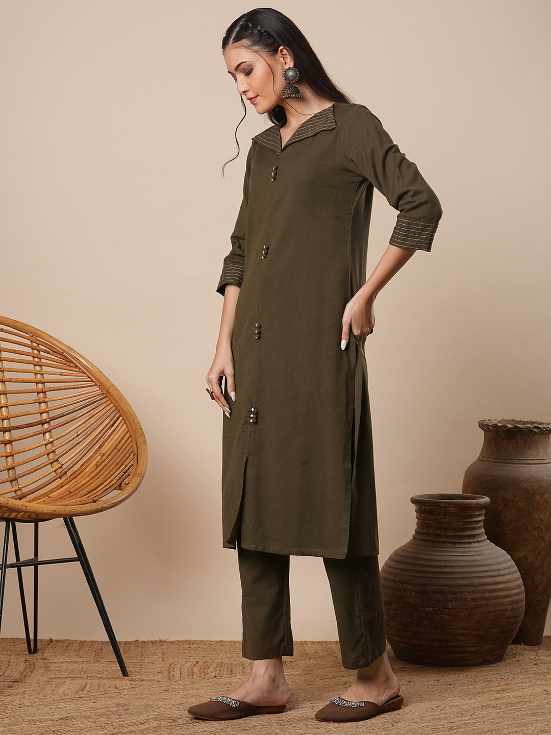 Solid Straight Fit Cotton Flax Co-ord Set - Brown