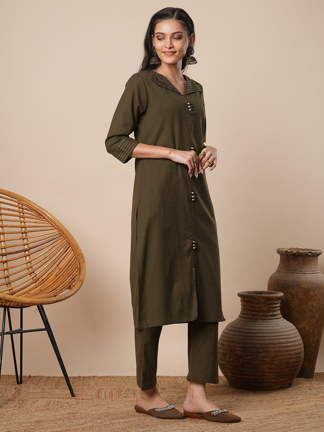 Solid Straight Fit Cotton Flax Co-ord Set - Brown