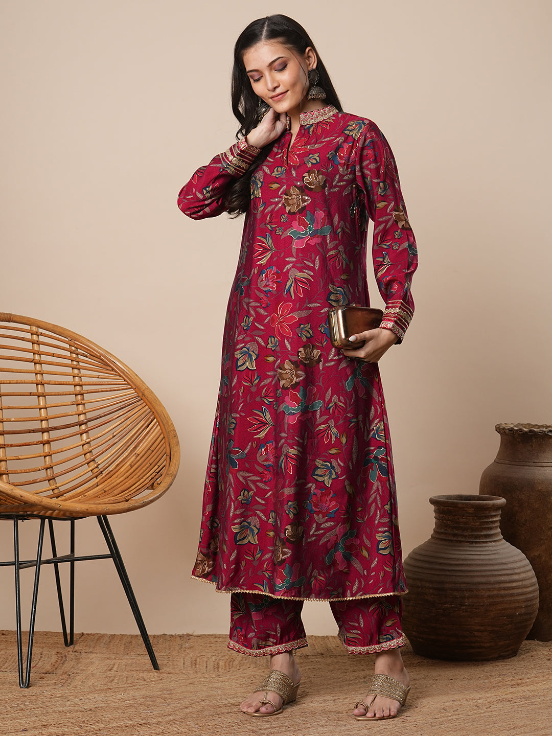 Abstract Floral Printed A-Line Co-ord Set - Maroon