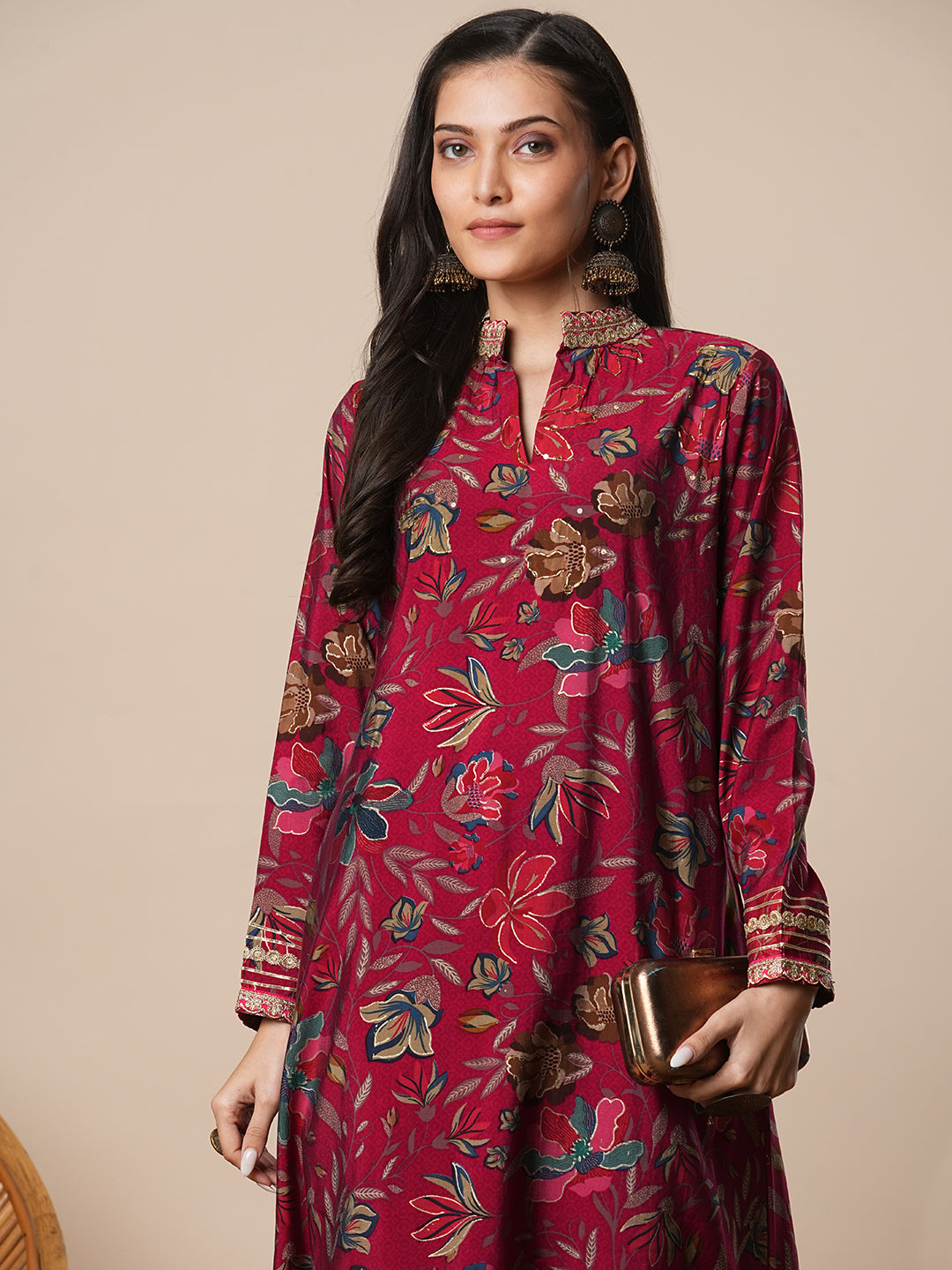 Abstract Floral Printed A-Line Co-ord Set - Maroon