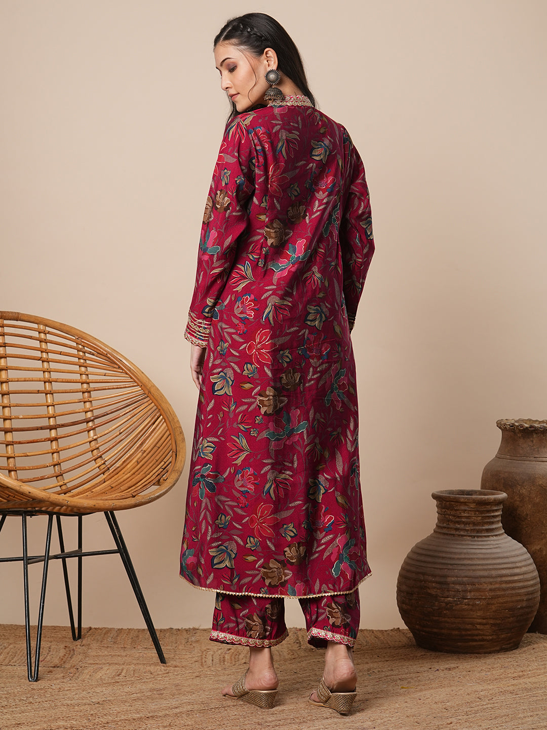 Abstract Floral Printed A-Line Co-ord Set - Maroon