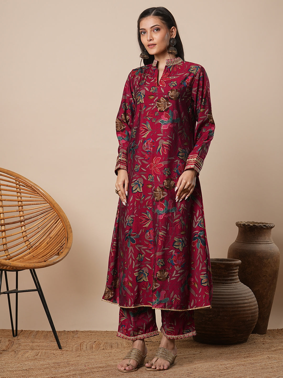 Abstract Floral Printed A-Line Co-ord Set - Maroon