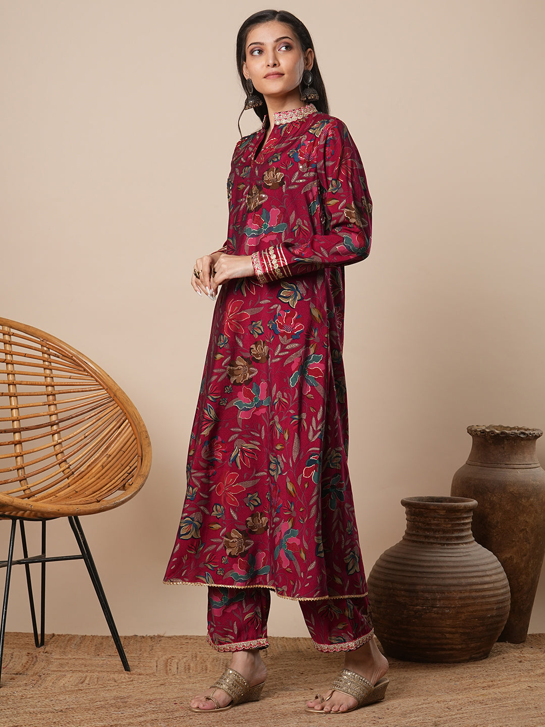 Abstract Floral Printed A-Line Co-ord Set - Maroon