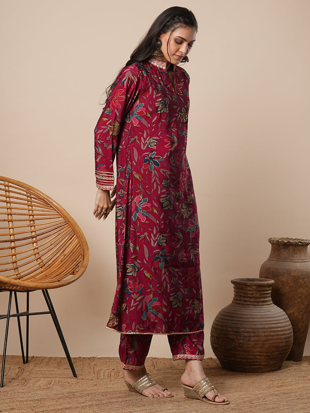 Abstract Floral Printed A-Line Co-ord Set - Maroon