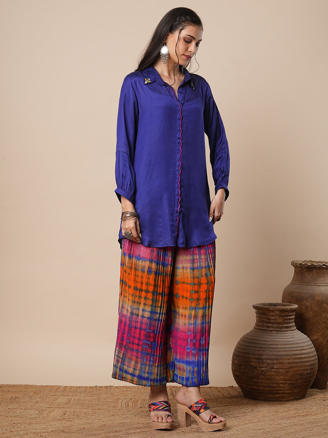 Solid Straight Fit Shirt with Shibori Pleated Palazzo - Blue