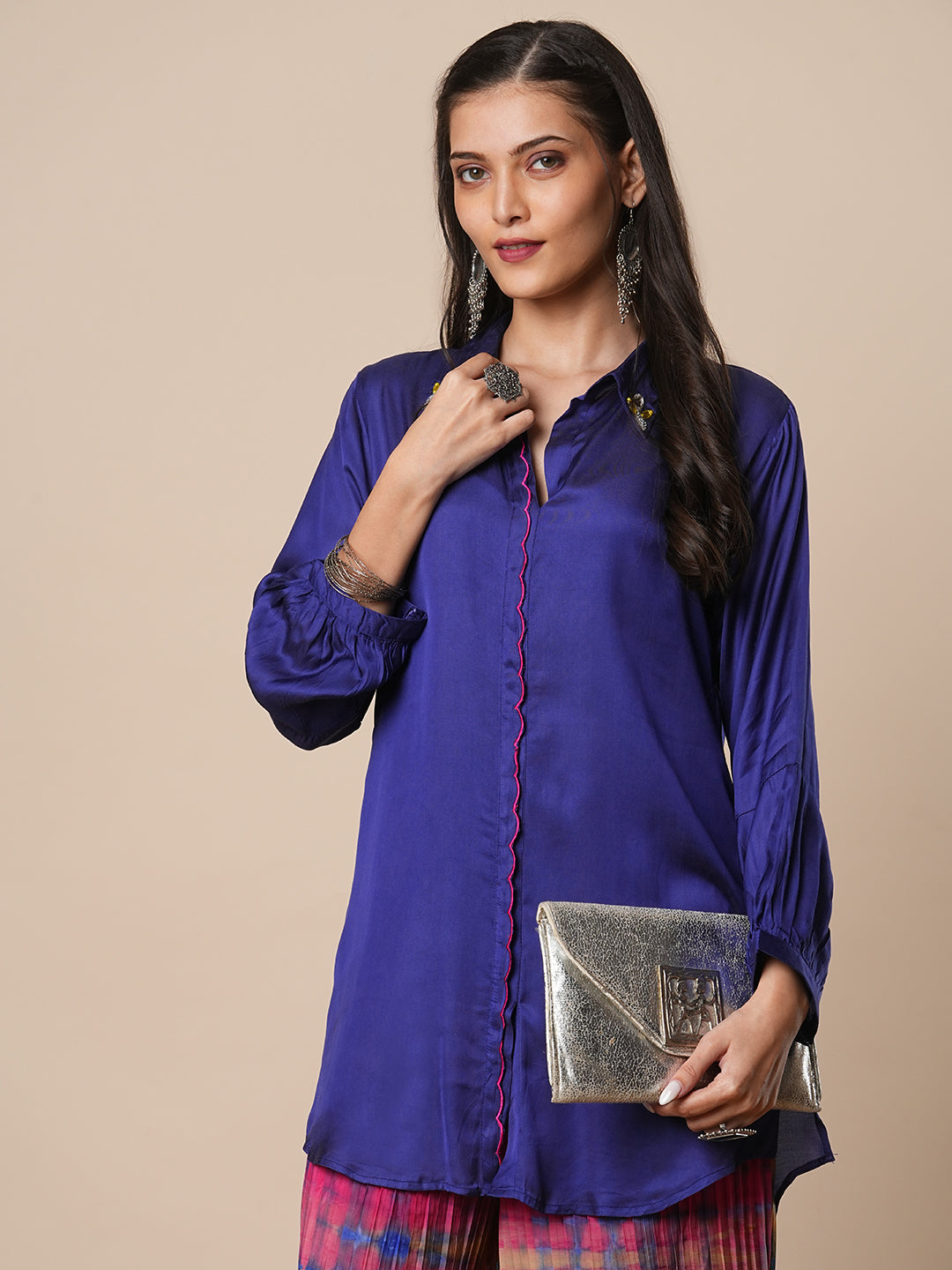 Solid Straight Fit Shirt with Shibori Pleated Palazzo - Blue