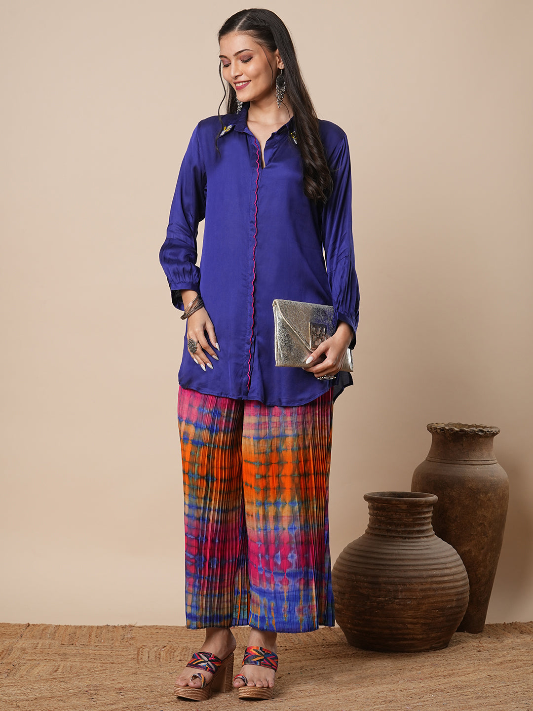 Solid Straight Fit Shirt with Shibori Pleated Palazzo - Blue