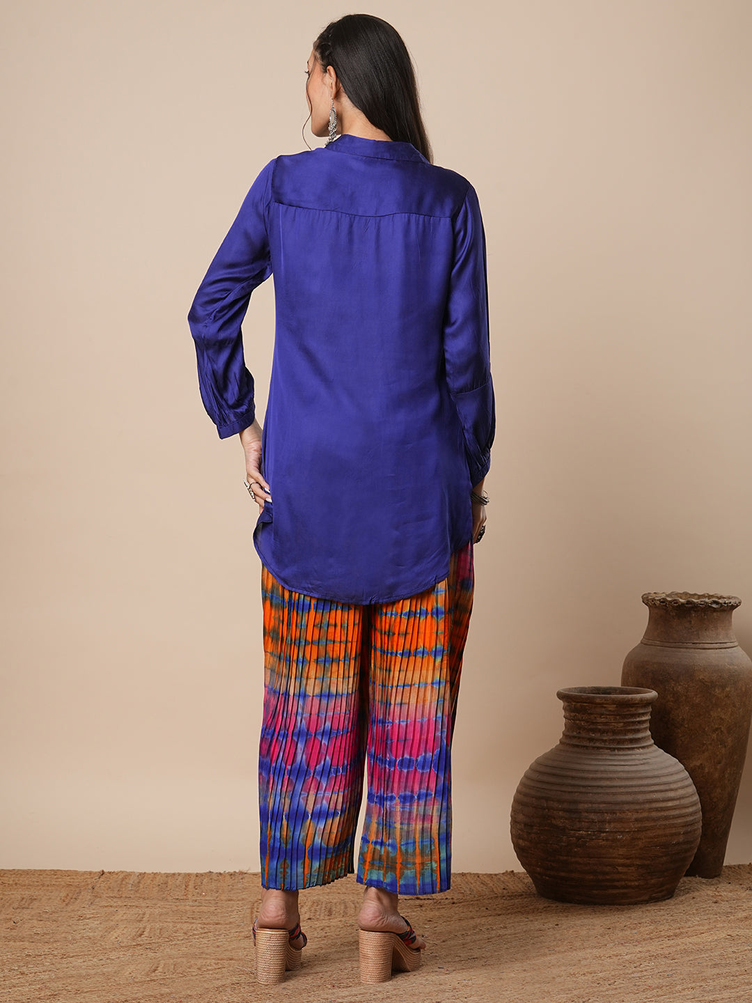 Solid Straight Fit Shirt with Shibori Pleated Palazzo - Blue