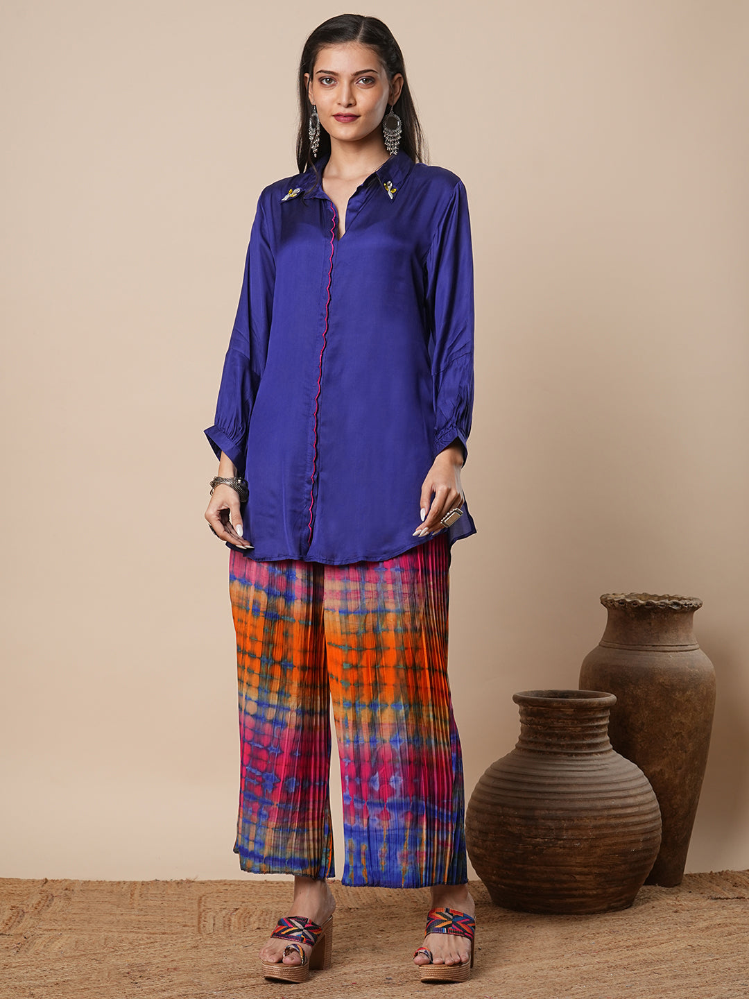 Solid Straight Fit Shirt with Shibori Pleated Palazzo - Blue