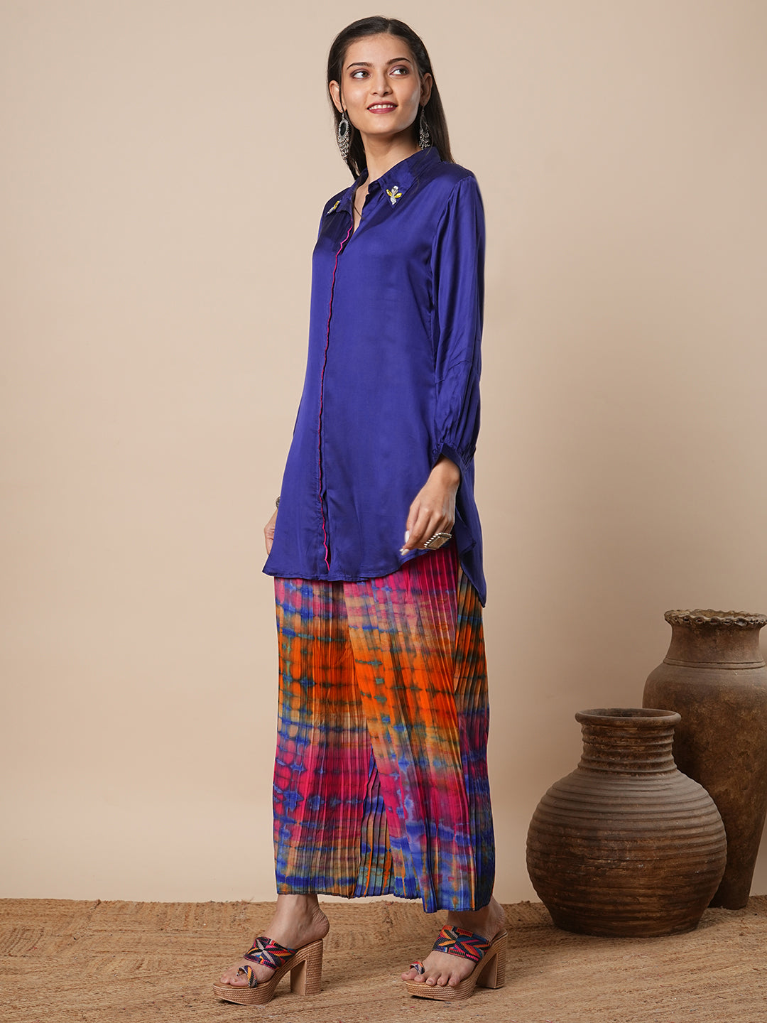 Solid Straight Fit Shirt with Shibori Pleated Palazzo - Blue