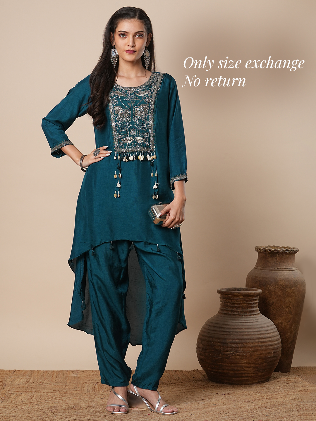 Solid Floral Hand Embroidered A-Line High-Low Kurta with Pant - Teal Blue