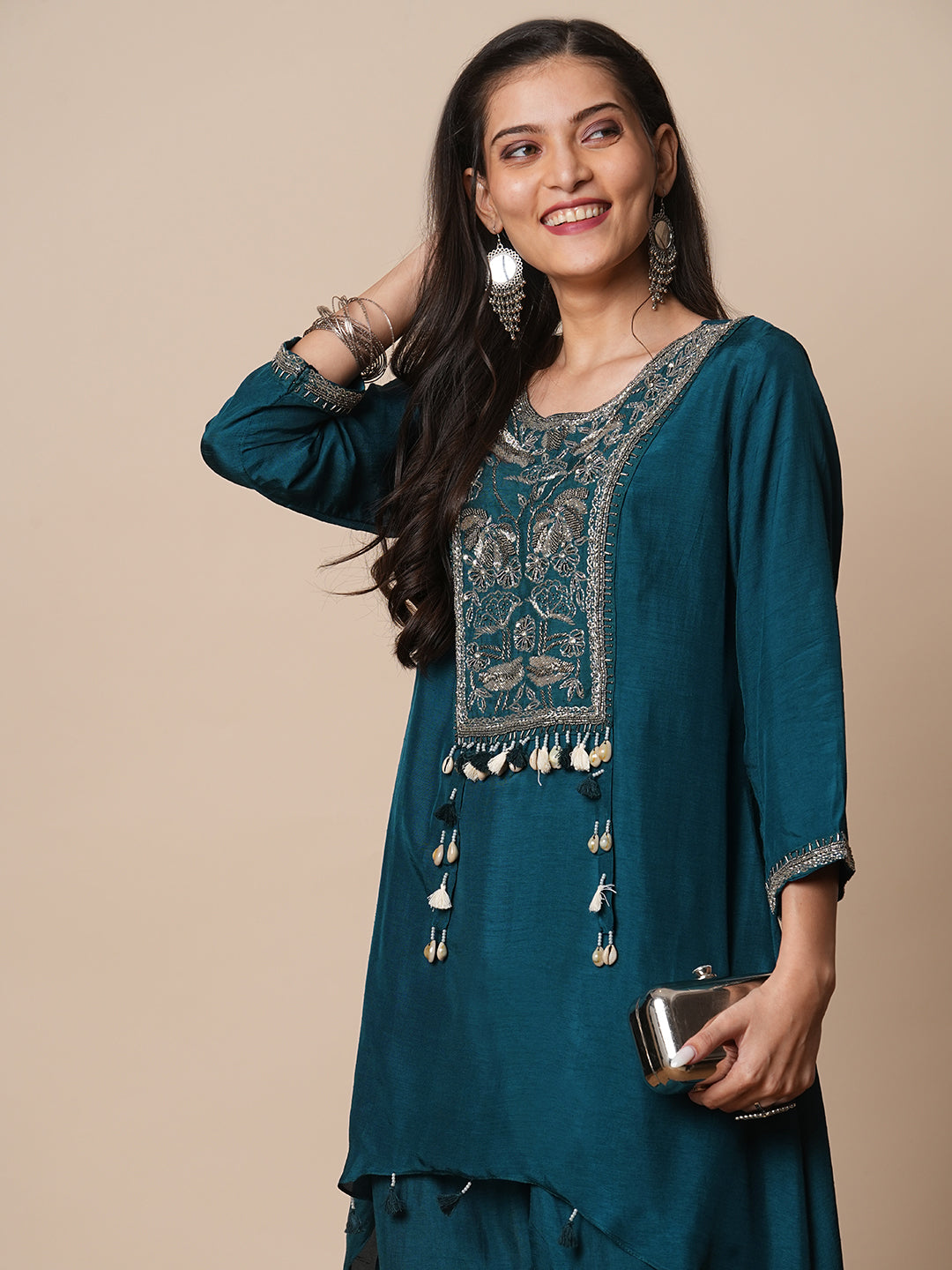 Solid Floral Hand Embroidered A-Line High-Low Kurta with Pant - Teal Blue