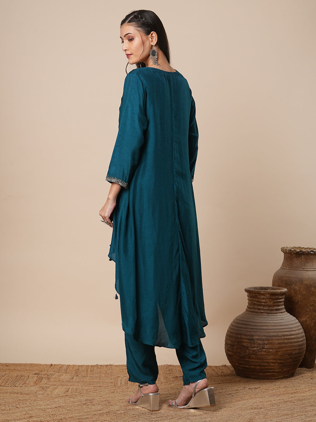 Solid Floral Hand Embroidered A-Line High-Low Kurta with Pant - Teal Blue