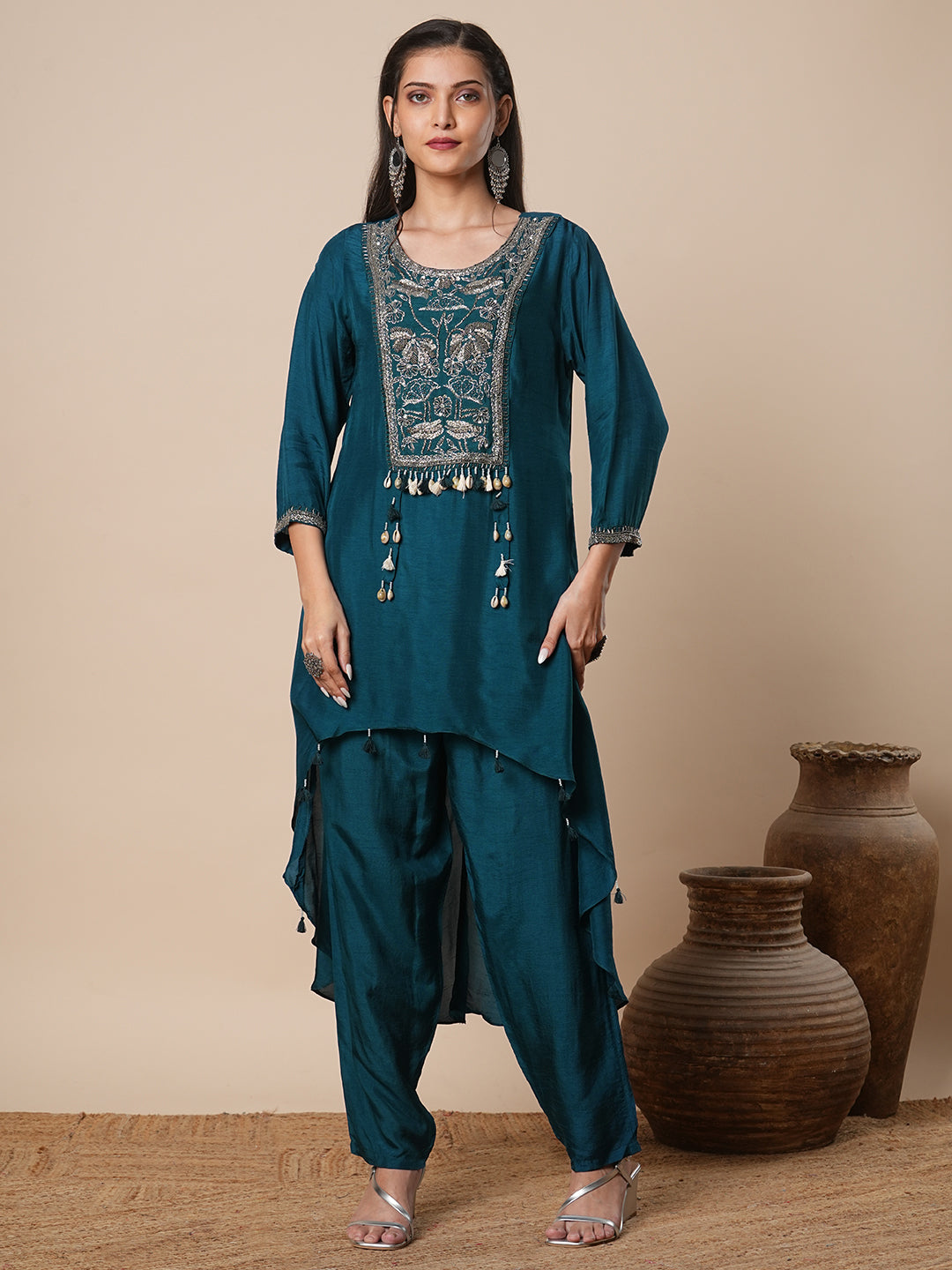 Solid Floral Hand Embroidered A-Line High-Low Kurta with Pant - Teal Blue