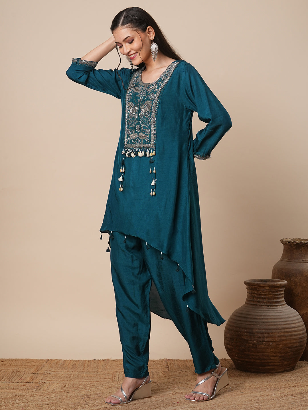 Solid Floral Hand Embroidered A-Line High-Low Kurta with Pant - Teal Blue