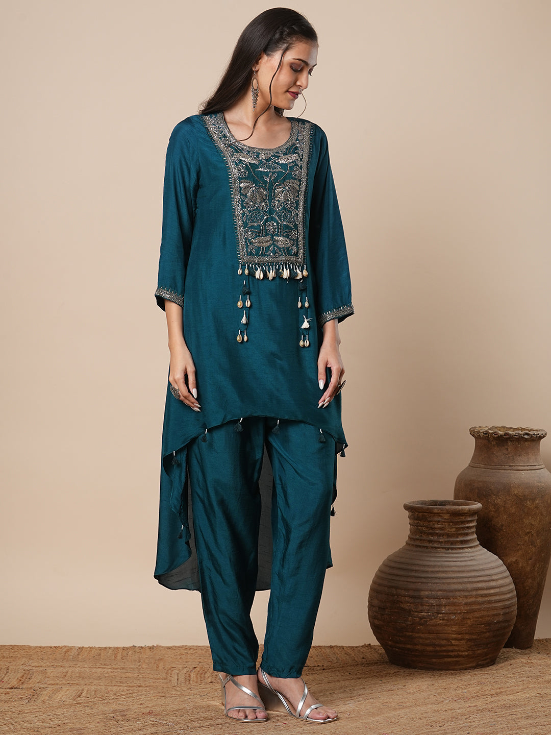 Solid Floral Hand Embroidered A-Line High-Low Kurta with Pant - Teal Blue