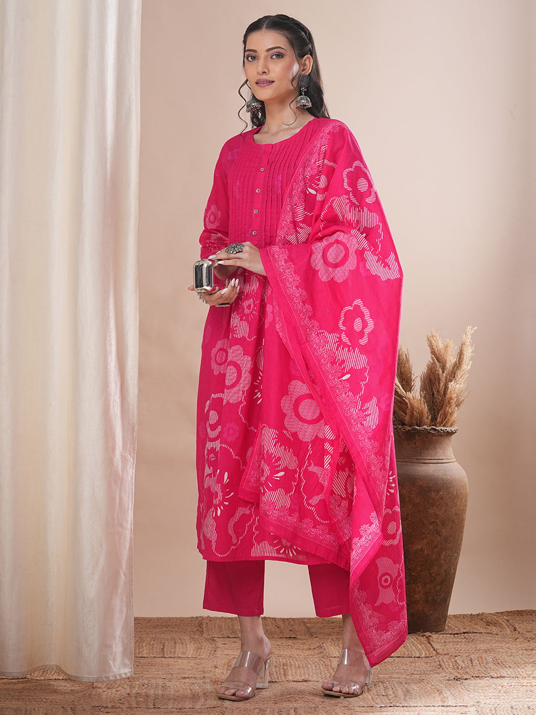 Abstract Floral Printed Straight Fit Kurta with Pant and Dupatta - Pink