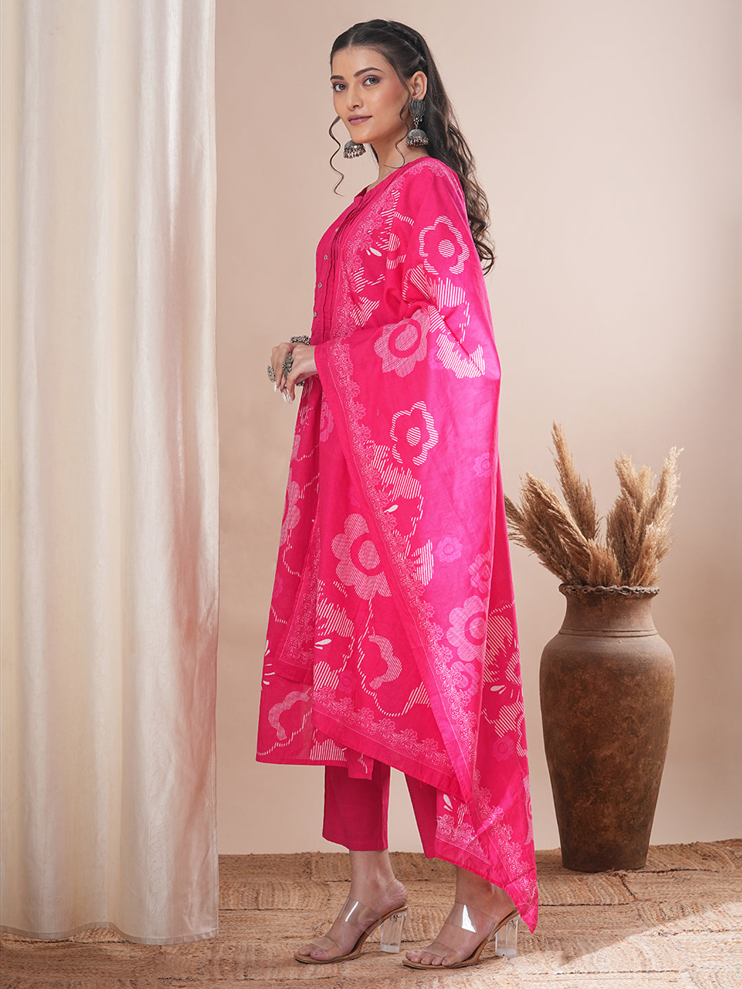 Abstract Floral Printed Straight Fit Kurta with Pant and Dupatta - Pink