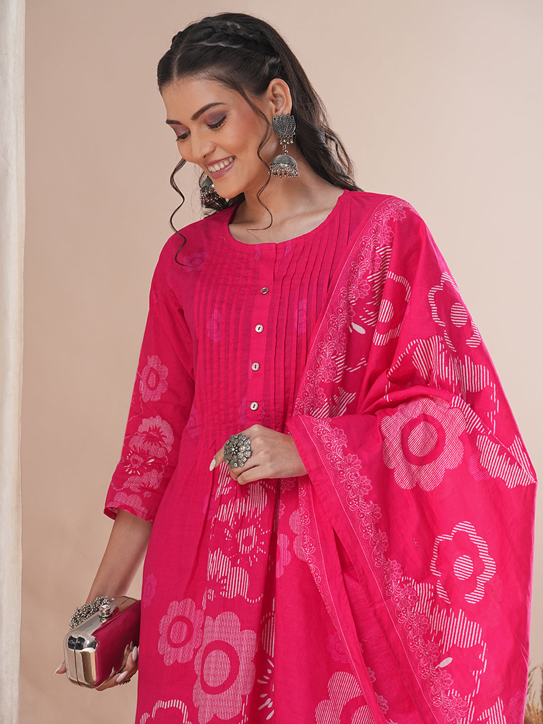 Abstract Floral Printed Straight Fit Kurta with Pant and Dupatta - Pink
