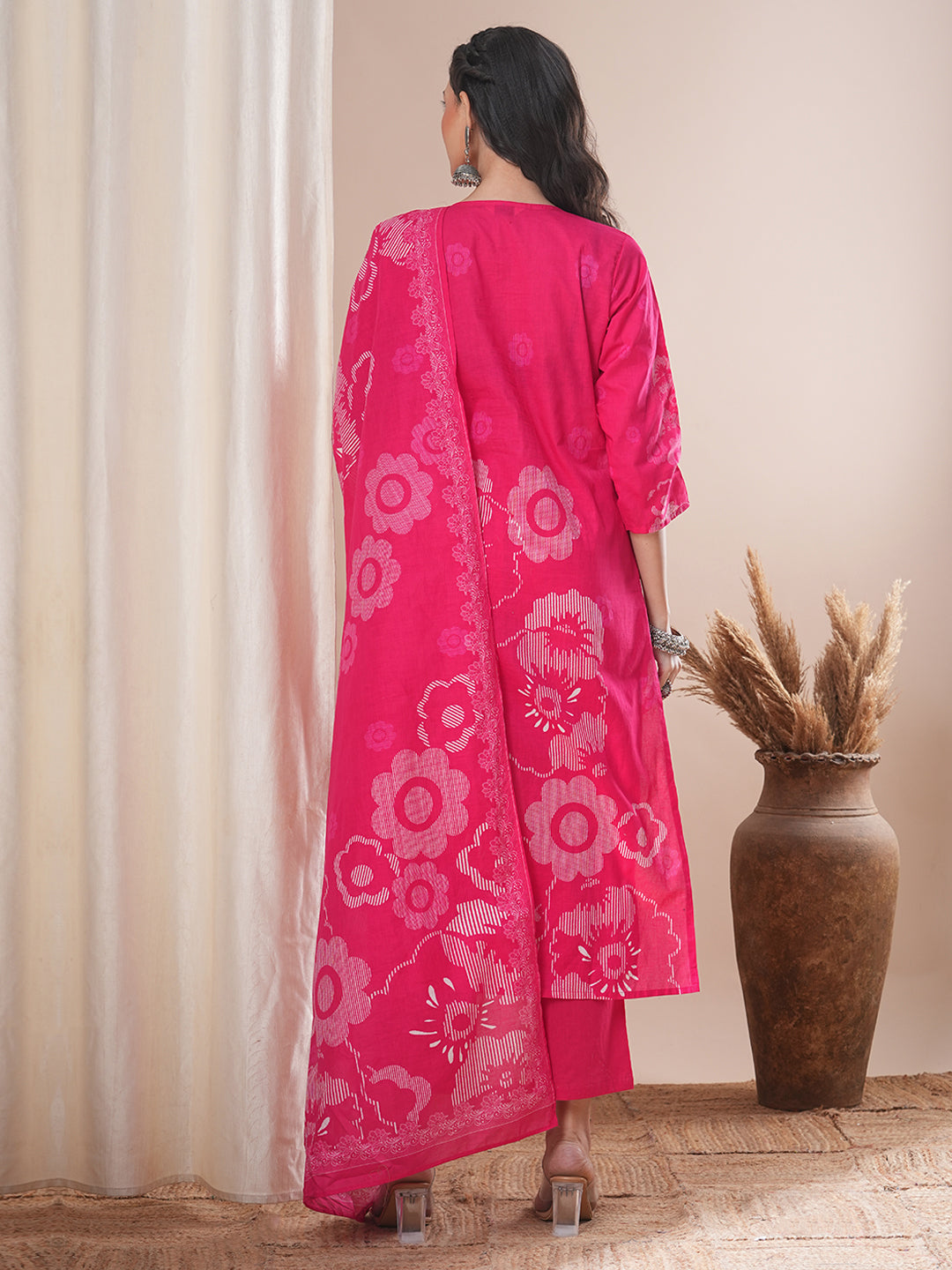 Abstract Floral Printed Straight Fit Kurta with Pant and Dupatta - Pink