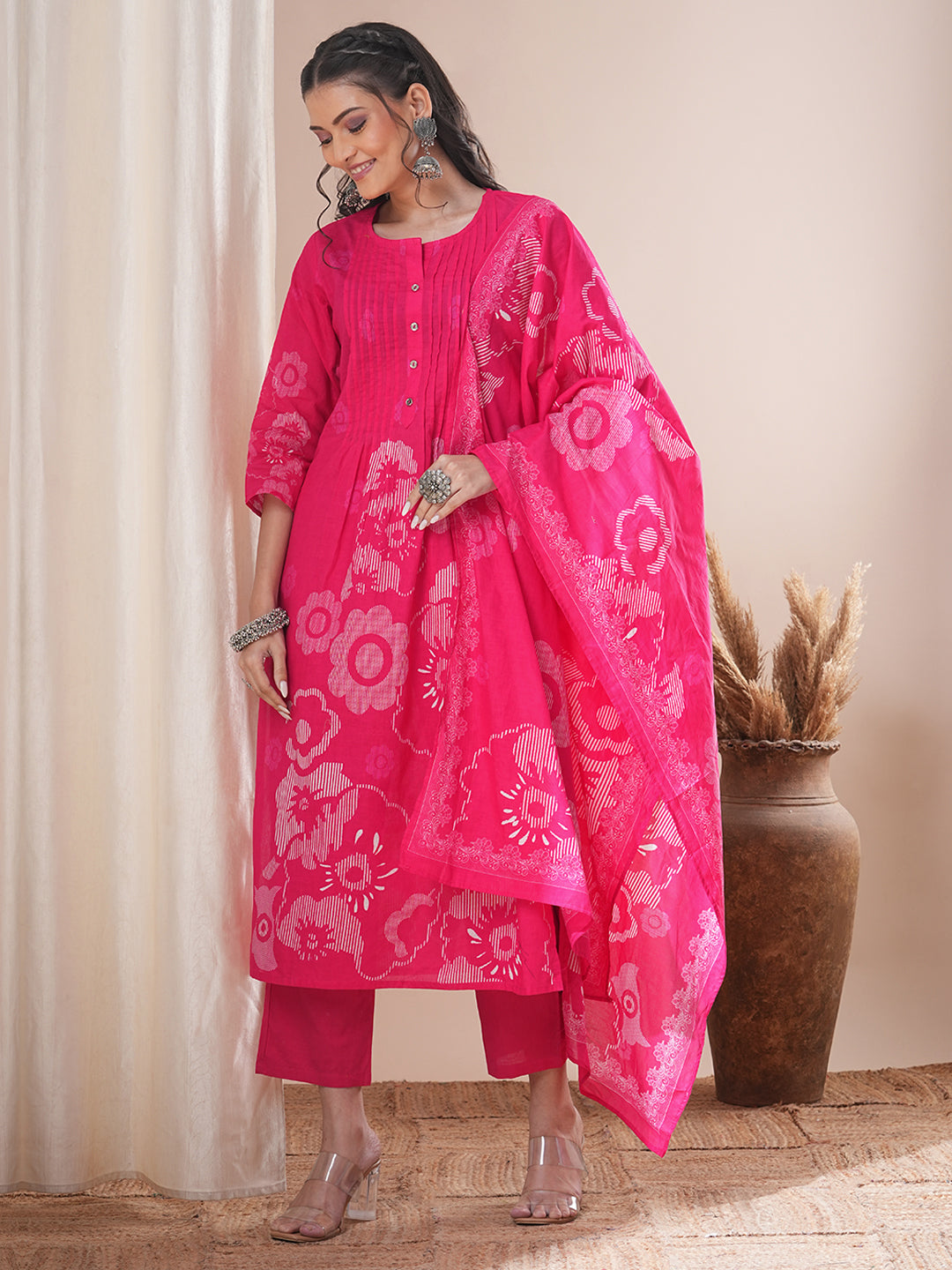 Abstract Floral Printed Straight Fit Kurta with Pant and Dupatta - Pink