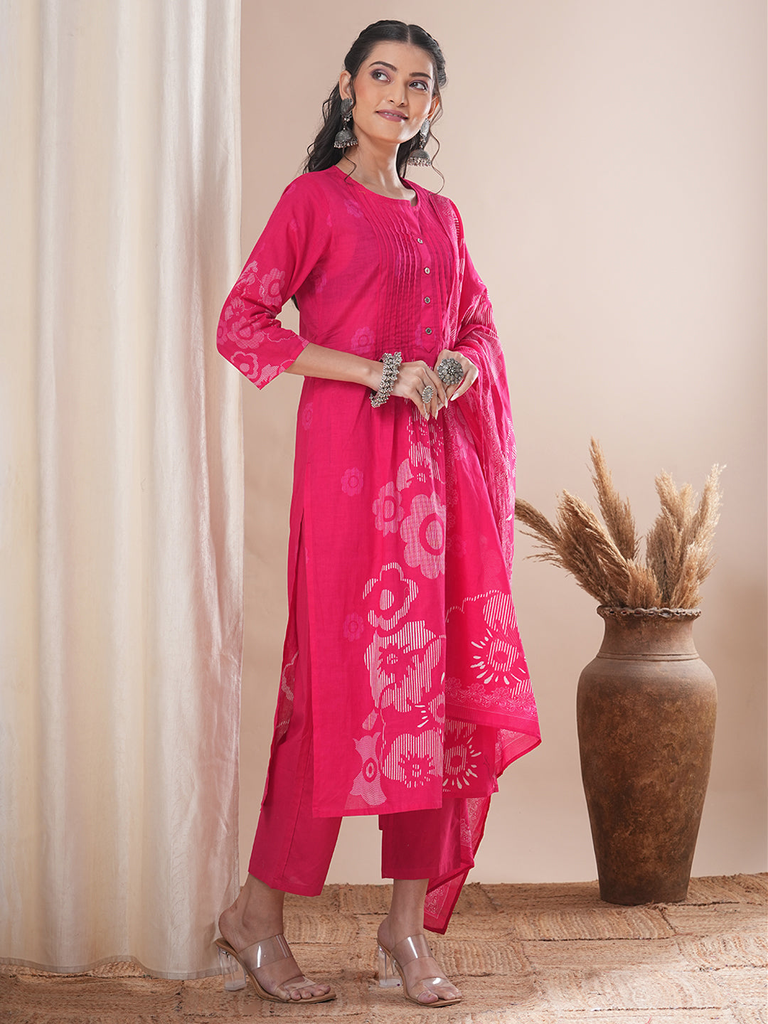 Abstract Floral Printed Straight Fit Kurta with Pant and Dupatta - Pink