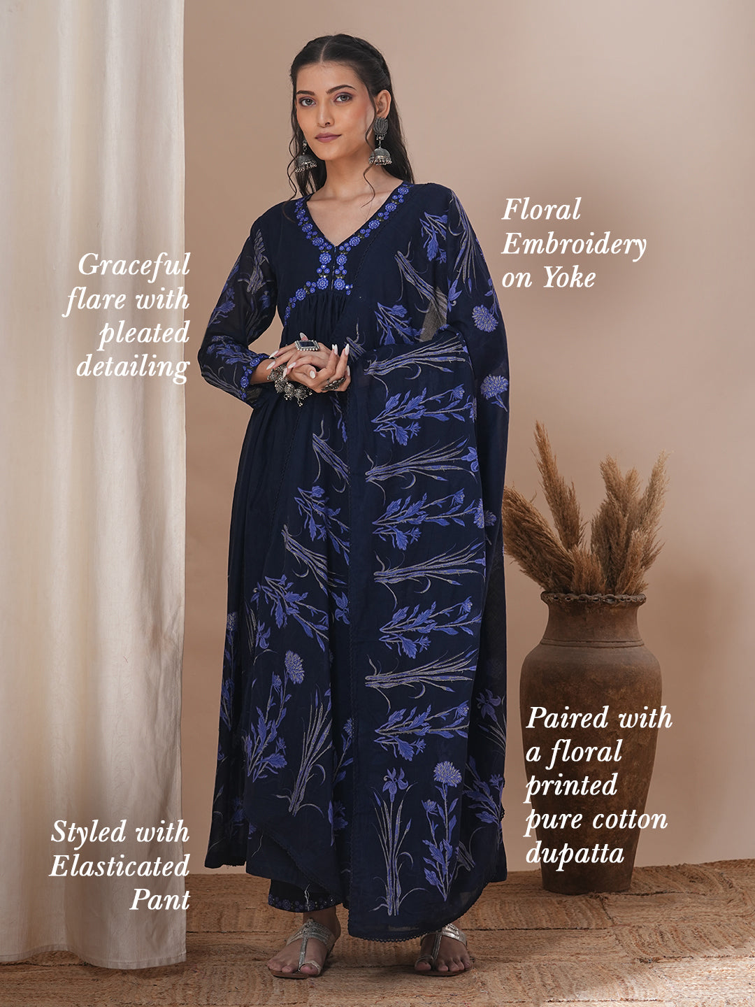 Floral Printed A-Line Pleated Kurta with Pant and Dupatta - Navy Blue