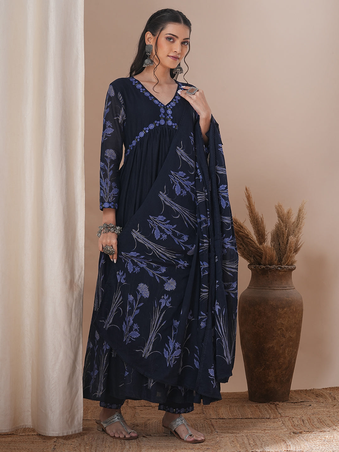 Floral Printed A-Line Pleated Kurta with Pant and Dupatta - Navy Blue