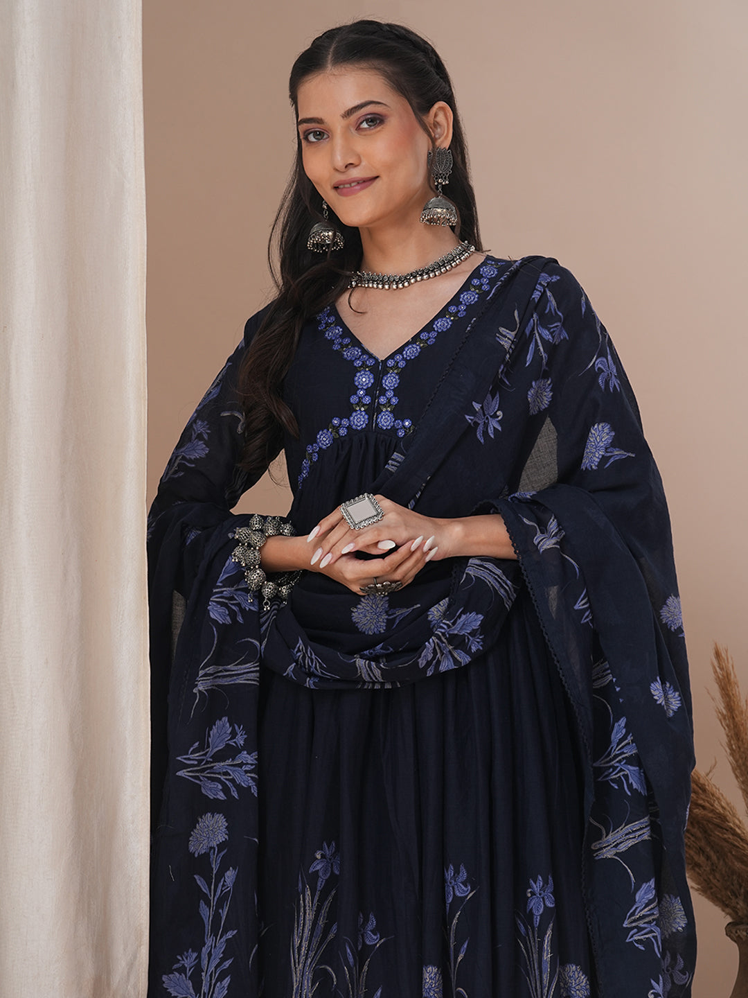 Floral Printed A-Line Pleated Kurta with Pant and Dupatta - Navy Blue