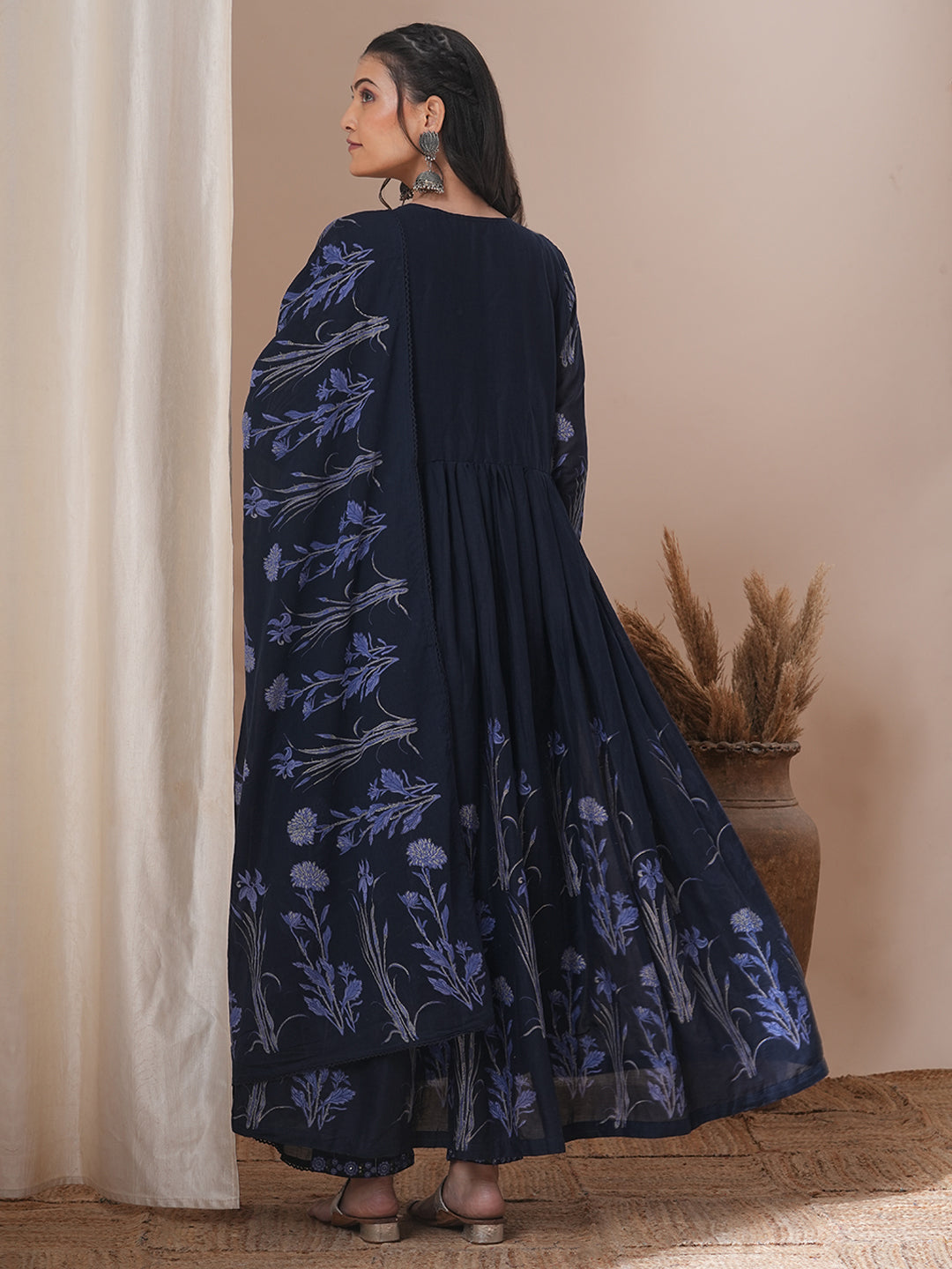 Floral Printed A-Line Pleated Kurta with Pant and Dupatta - Navy Blue