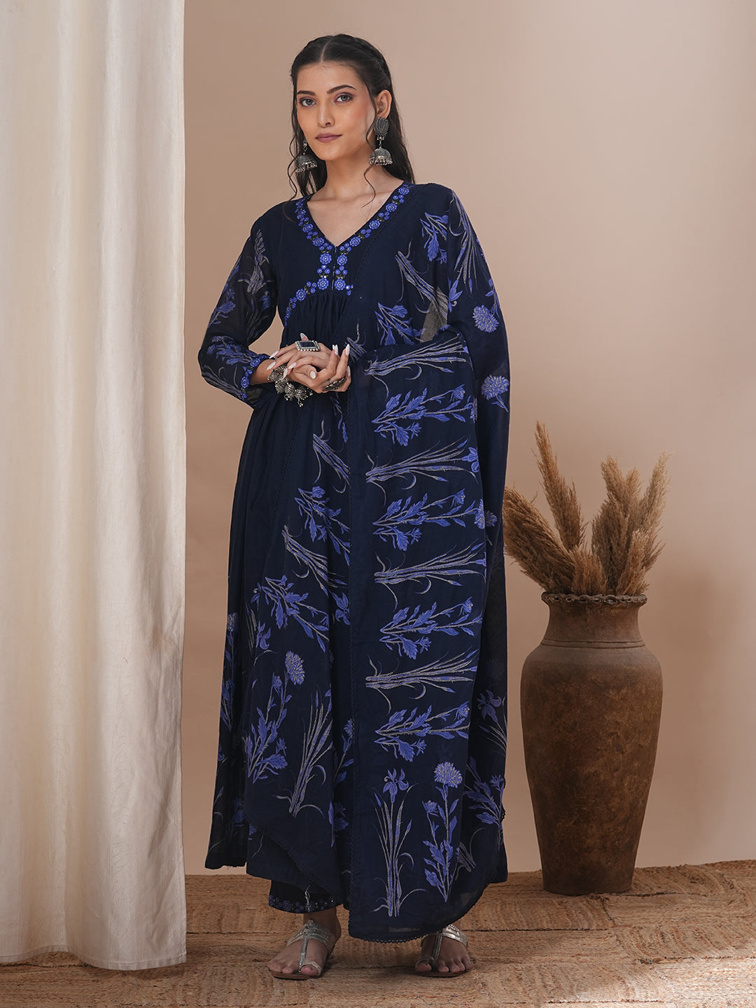 Floral Printed A-Line Pleated Kurta with Pant and Dupatta - Navy Blue