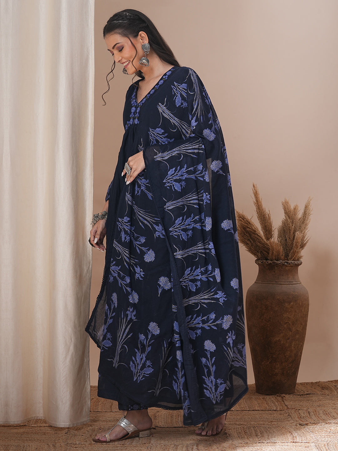Floral Printed A-Line Pleated Kurta with Pant and Dupatta - Navy Blue