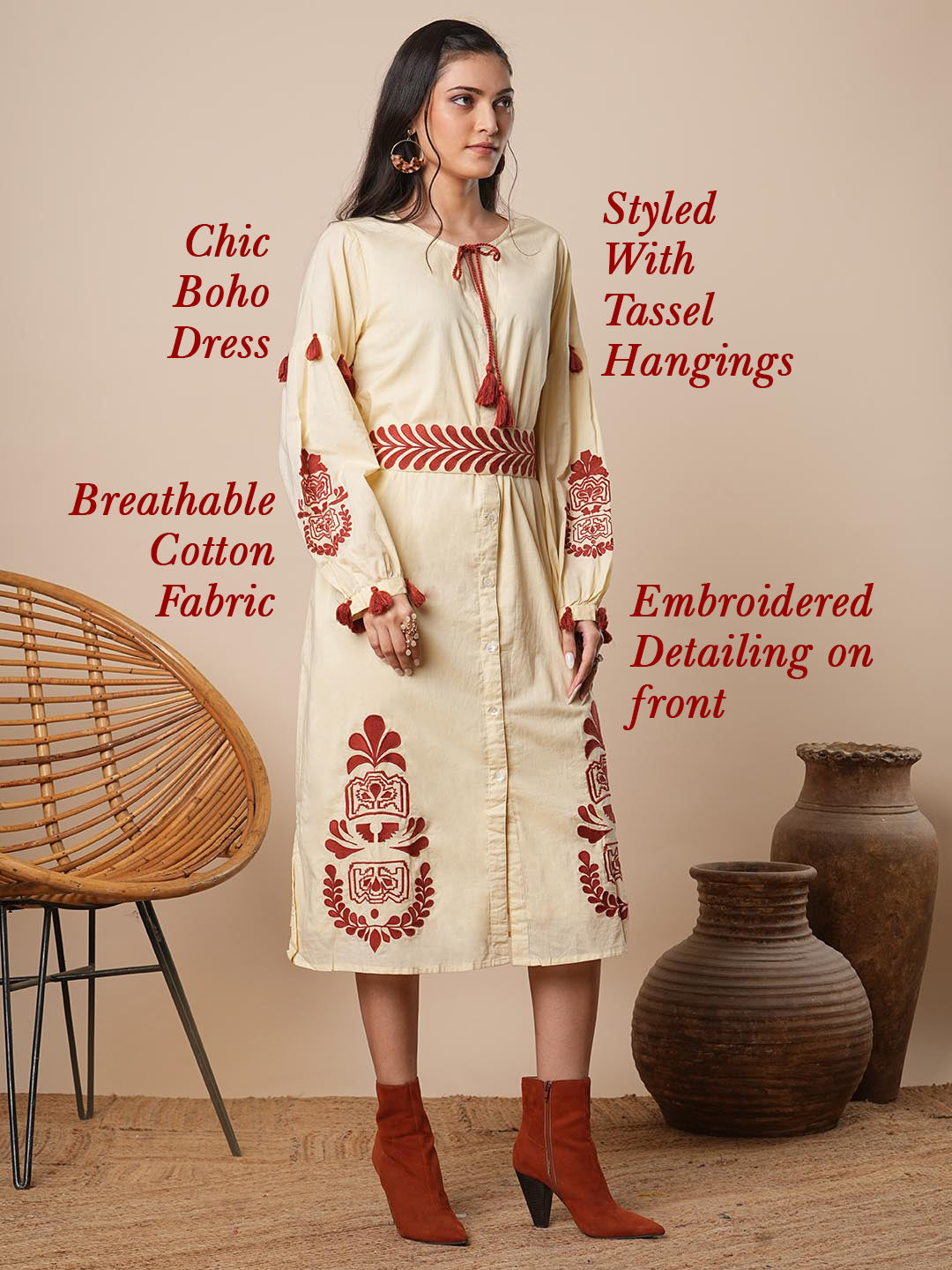 Solid Ethnic Embroidered A-Line Midi Dress with Belt - Cream