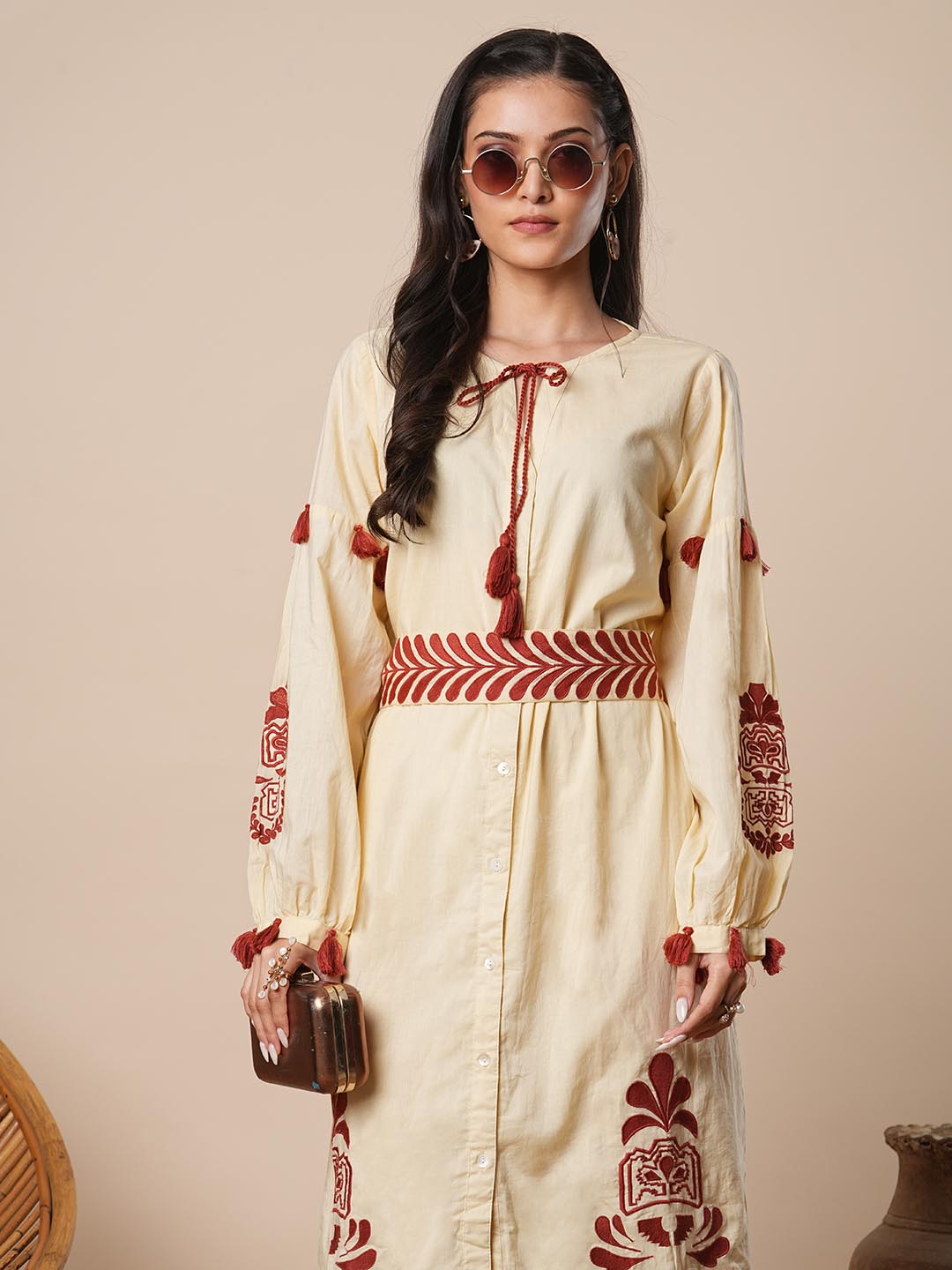 Solid Ethnic Embroidered A-Line Midi Dress with Belt - Cream