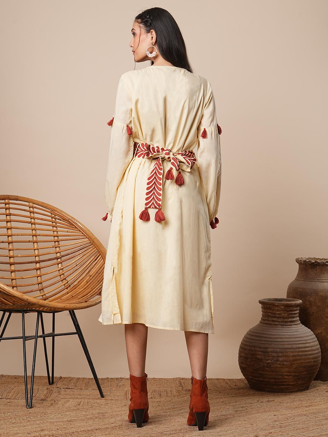 Solid Ethnic Embroidered A-Line Midi Dress with Belt - Cream
