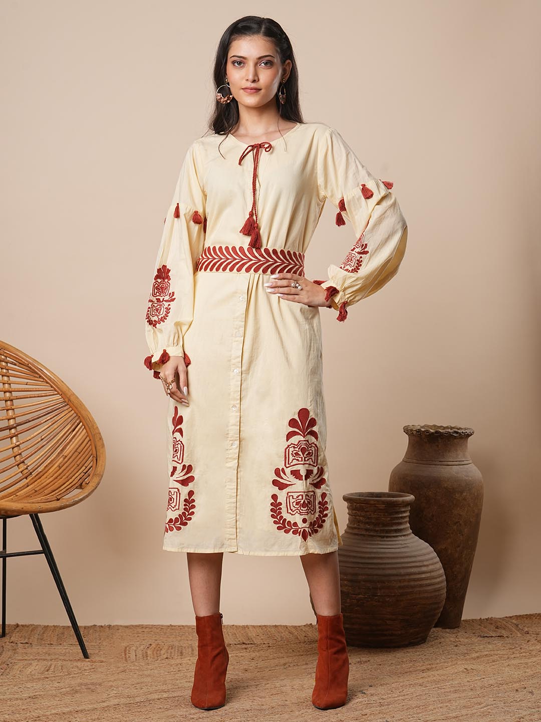 Solid Ethnic Embroidered A-Line Midi Dress with Belt - Cream