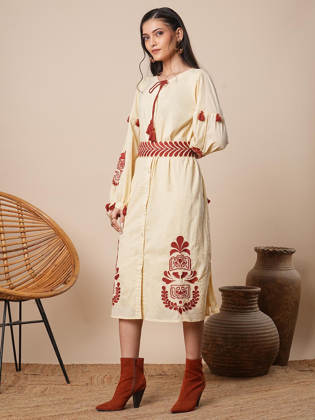 Solid Ethnic Embroidered A-Line Midi Dress with Belt - Cream