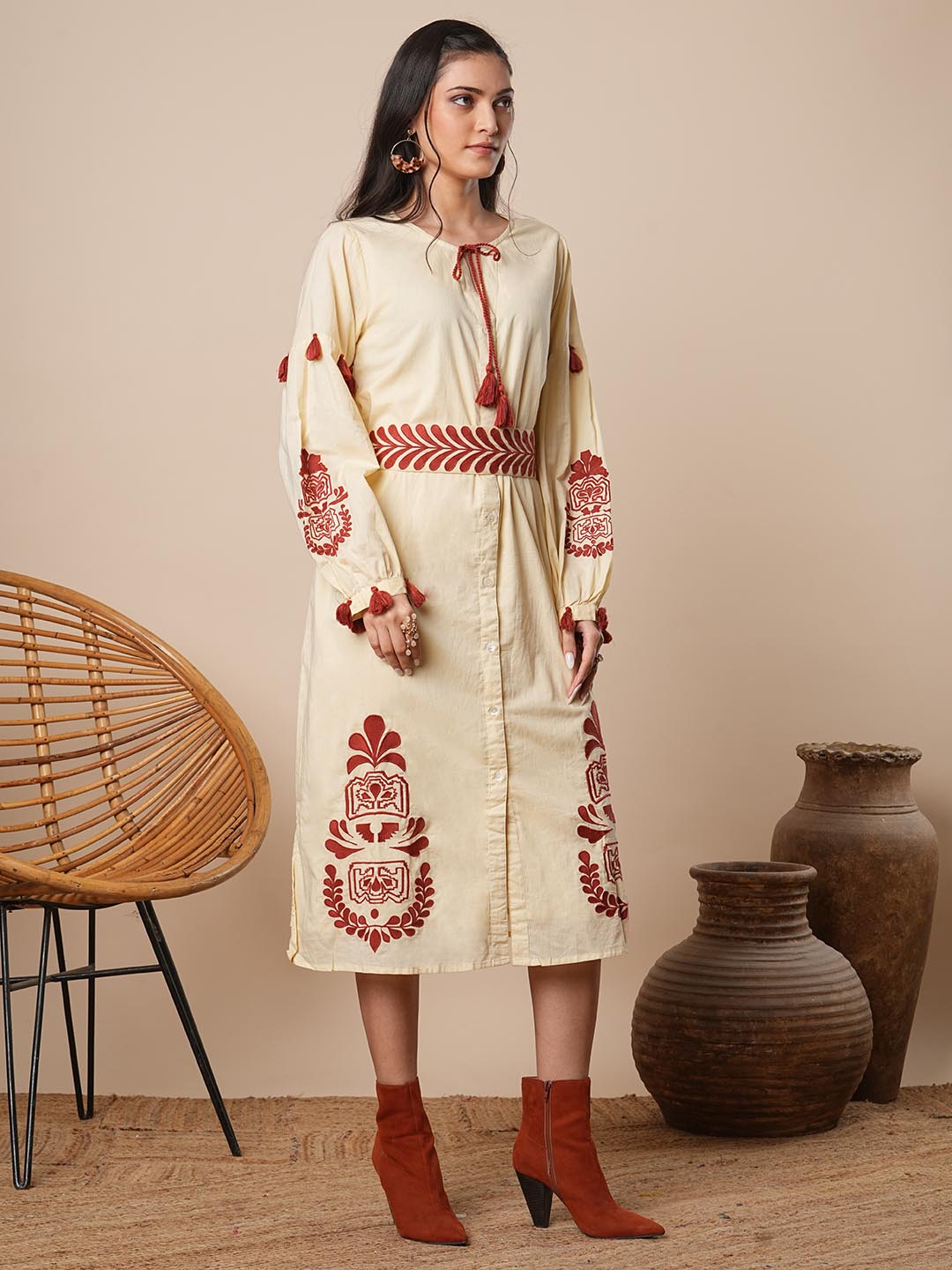 Solid Ethnic Embroidered A-Line Midi Dress with Belt - Cream