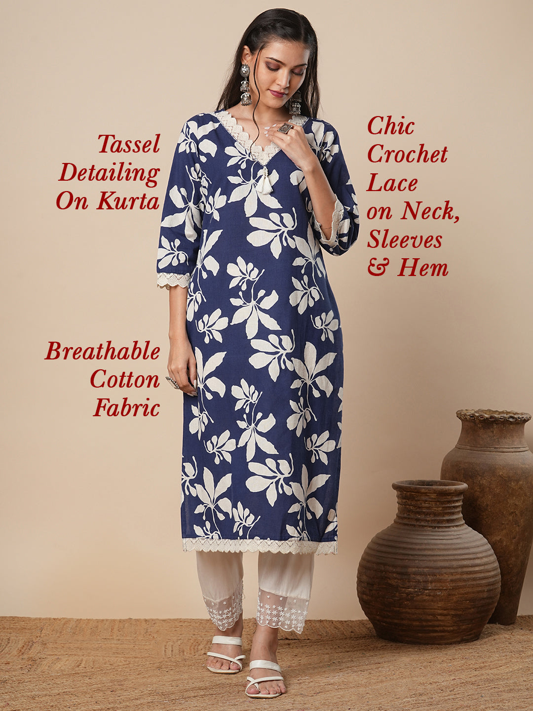Abstract Floral Printed Straight Fit Kurta - Blue
